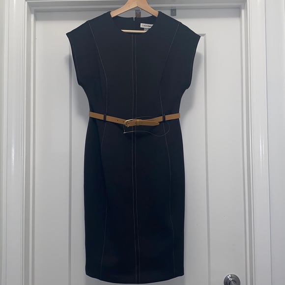 NWT! Belted Cap Scuba Sheath Dress - Black/Caramel - Picture 2 of 5